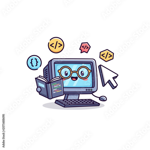 Cute Cartoon Desktop Computer Mascot Learning Code and Programming with Book