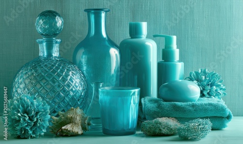 Teal glassware, soap, towels, and sea shells staged in bathroom setting