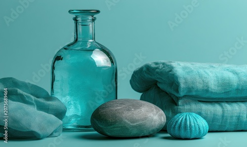 Blue glass bottle beside folded towels and smooth stones