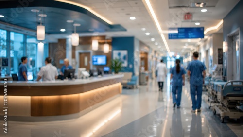 defocused perspective of a busy hospital hallway featuring medical personnel in scrubs near a modern reception station, bright clinical interior.