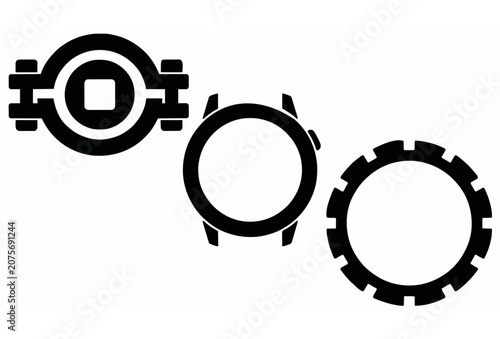 Fotografía Watch bezel and circular clamp silhouette icons black flat vector mechanical rin