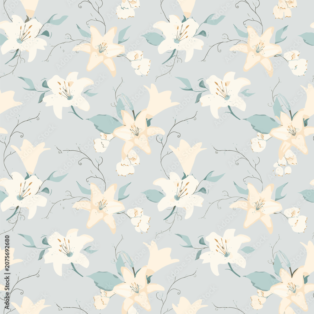 Fototapeta premium Seamless floral pattern with white lilies on gray background isolated on transparent background, Vector