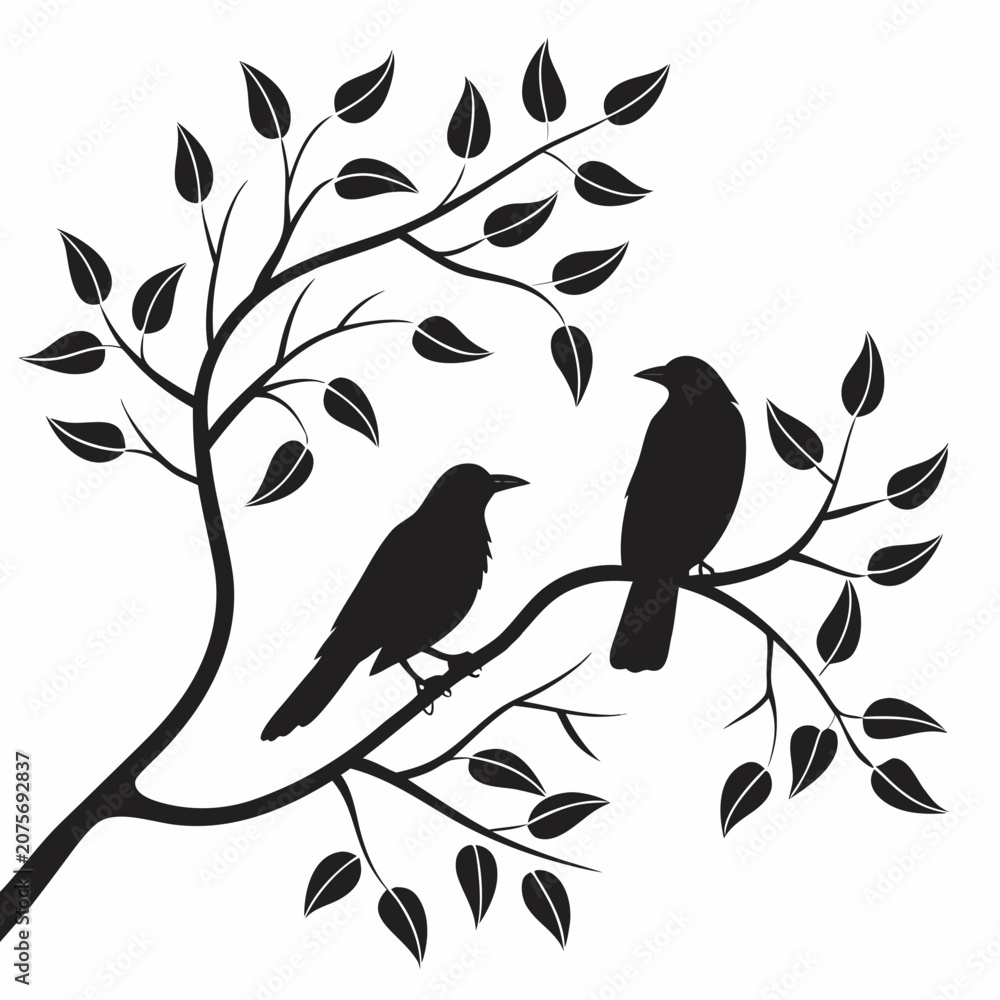 Fototapeta premium Vector illustration two crows sitting on a tree branch with leaves, vector illustration