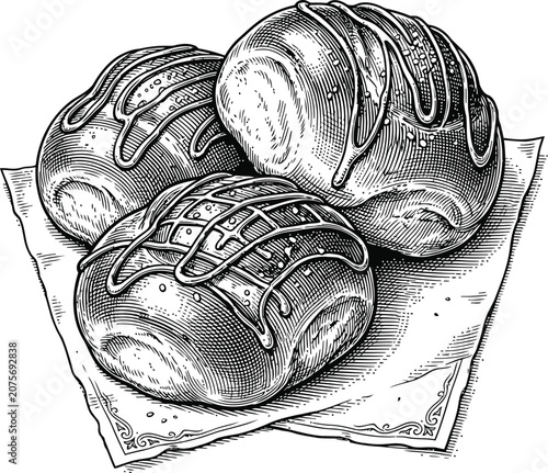 Three sweet pastries with chocolate drizzle on a paper napkin during a vintage engraving depiction