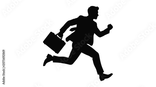 Quadro su tela Running businessman with briefcase black silhouette businessperson