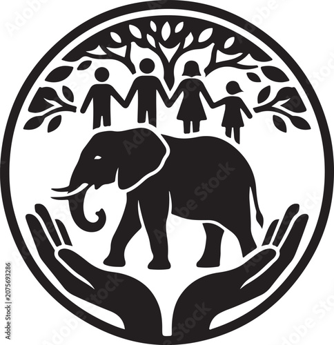 Circular environmental conservation emblem featuring an elephant supported by caring hands below a family and tree of life