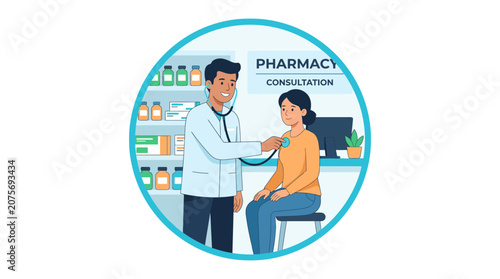 Doctor consulting with female patient in a pharmacy setting.