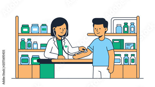 Doctor examining young boy in medical clinic or pharmacy.