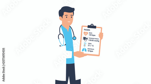 Doctor holding clipboard with medical health data records.