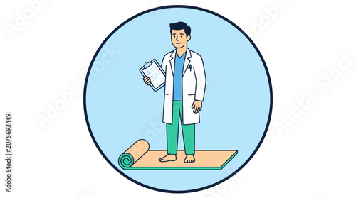 Doctor in circle standing on yoga mat with clipboard.