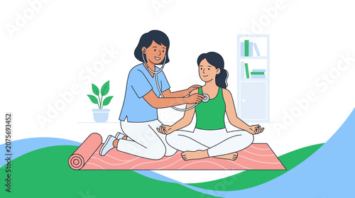 Doctor performing medical checkup on patient in yoga studio.