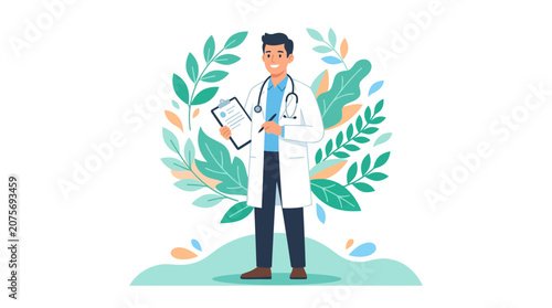 Doctor in white coat standing with green foliage background.