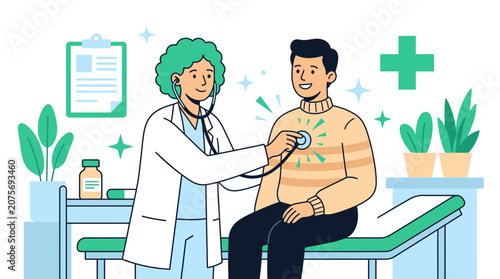 Doctor performing medical examination on male patient in clinic.