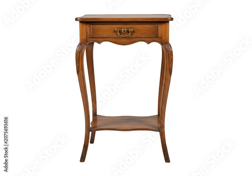 Antique wooden side table with carved legs and drawer.