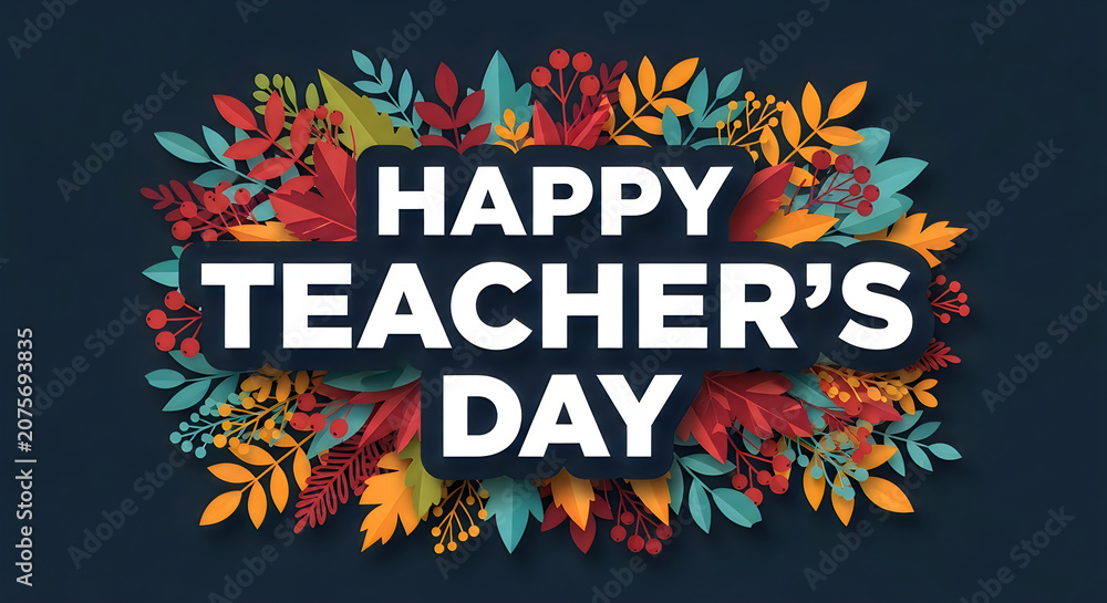 Fototapeta premium Colorful Floral Wreath with Happy Teacher's Day Typography on Dark Background