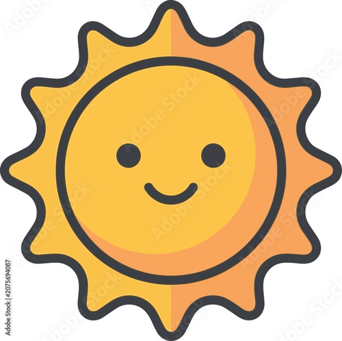 Cute cartoon sun icon with a happy face smiling bright yellow design