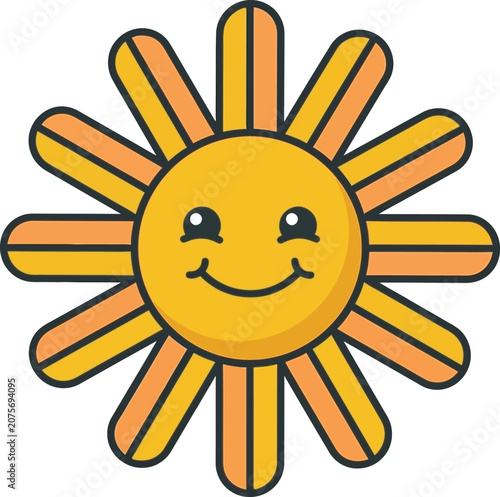 Cute cartoon sun character with a smiling face and yellow rays isolated on a white background