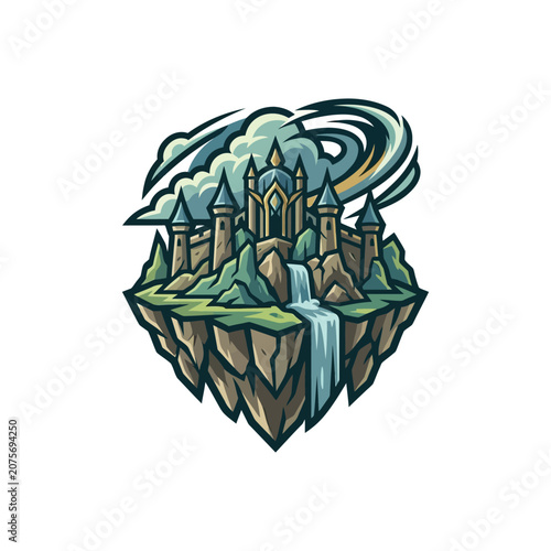 Fantasy Castle on Cliffside with Waterfall.