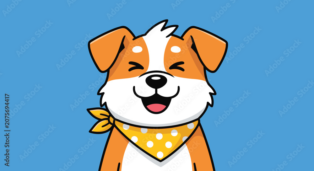 Fototapeta premium Happy small puppy with brown and white fur wearing a yellow polka dot bandana smiling joyfully with its eyes closed.