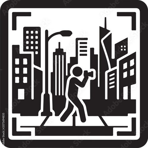 Street photography icon showcasing a photographer framing a city skyline through a camera viewfinder