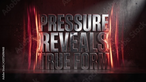 3d metallic text reading pressure reveals true form with glowing fire effects