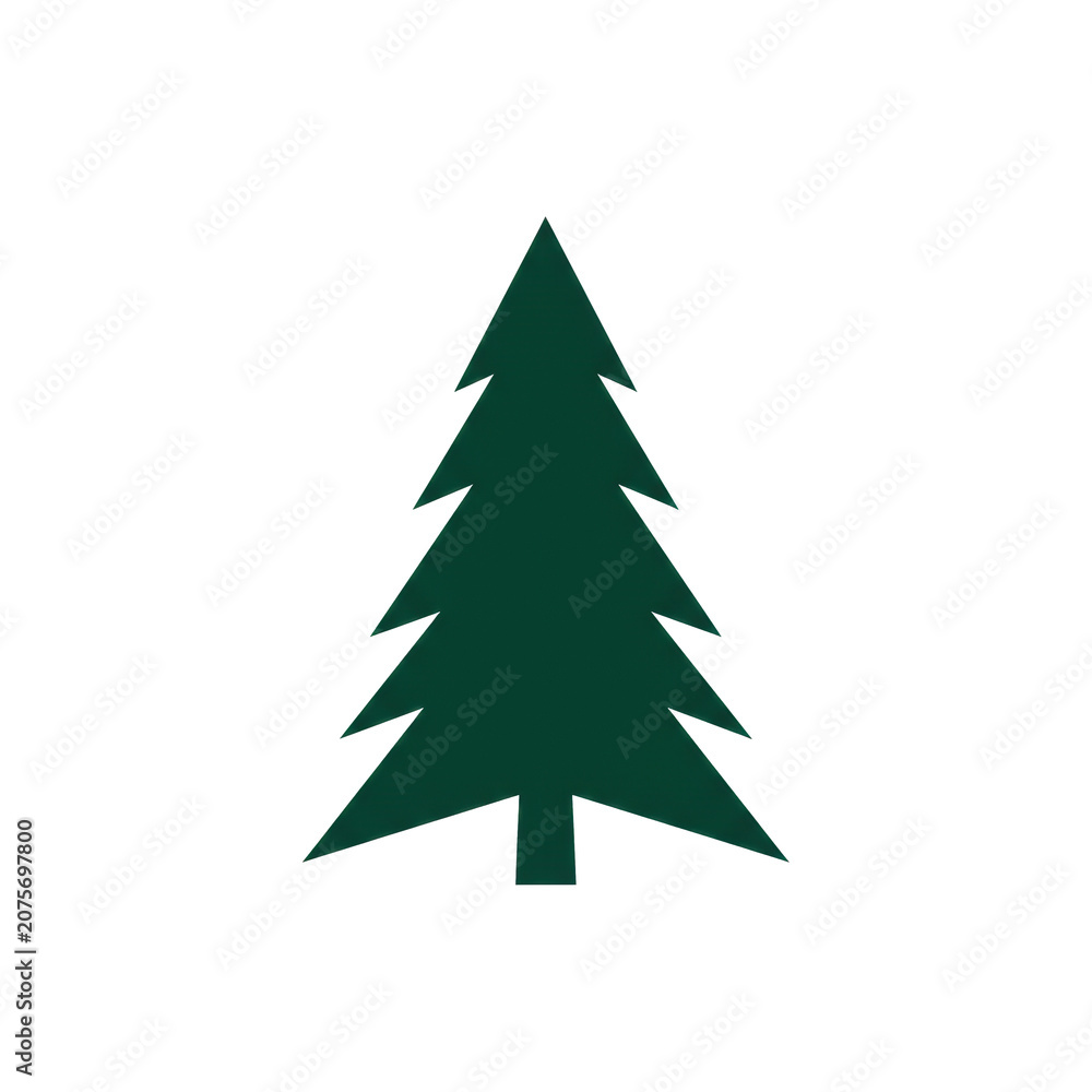 Obraz premium A single, deep emerald green, geometrically simplified pine tree silhouette against a stark white background, minimalist vector icon design concept for professional branding