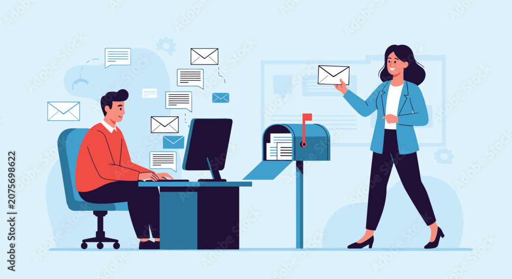 Fototapeta premium Office workers managing physical and digital emails with a computer and a traditional metal mailbox in workspace.