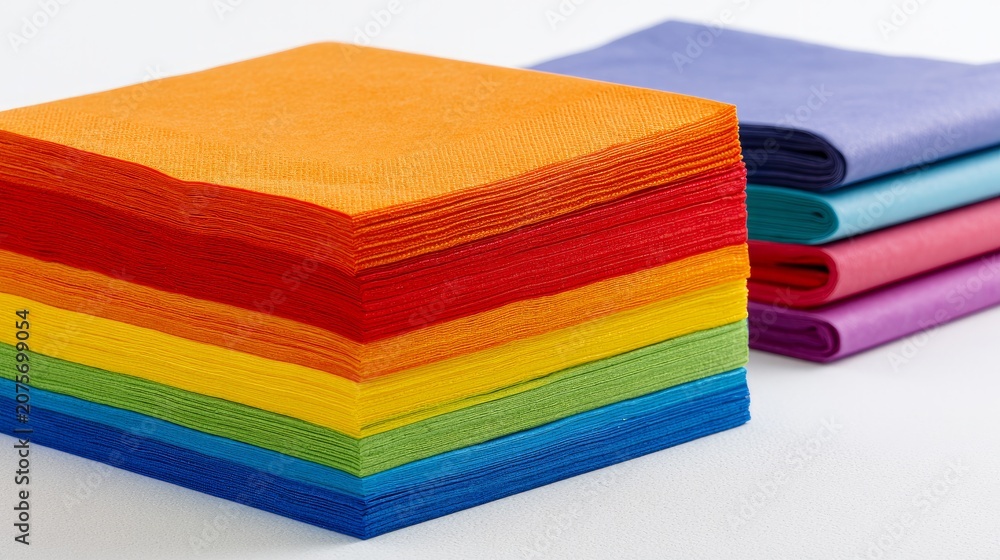 Fototapeta premium Brightly colored paper napkins rest on a plain white surface.
