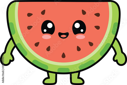 cute kawaii cartoon mascot character, Cute Watermelon Cartoon Character, Vector Fruit Illustration, Summer Food Icon, Kawaii Style