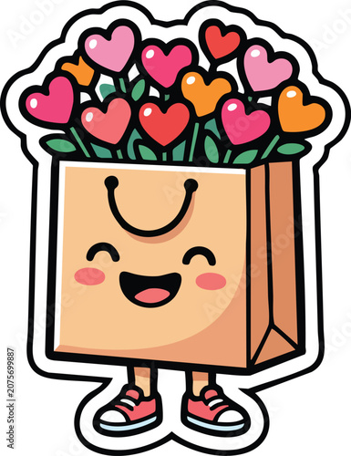 cute kawaii cartoon mascot character, Cute shopping bag with heart flowers, Valentine's Day icon, cartoon gift bag, smiling face