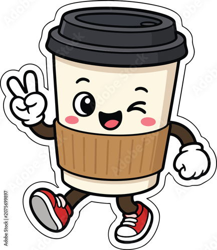 cute kawaii cartoon mascot character, Cartoon coffee cup character, smiling, peace sign, take away cup