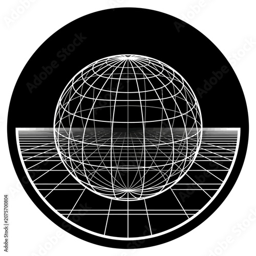 Retro wireframe sphere on perspective grid in circle vector