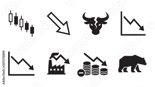 Stock Market Crash and Financial Economic Crisis Solid Silhouette Icons Set