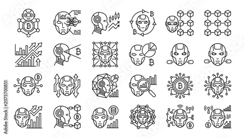 Artificial Intelligence Humanoid Robot Face and Cyborg Brain Tech Line Icons Set