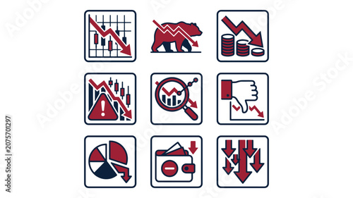 Stock Market Crash and Bear Market Economic Crisis Vector Icons Set