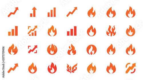 Hot Stock Trend and Exploding Financial Growth Fire Flame Icons Set