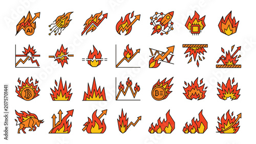 Burning Crypto Market and Hot AI Tech Stock Surge Linear Color Icons Set