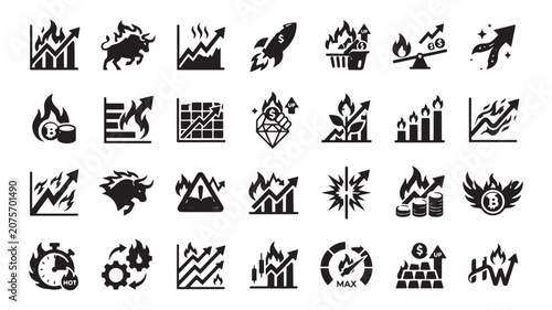 Bull Market Momentum and Hot Investment Financial Growth Solid Icons Set