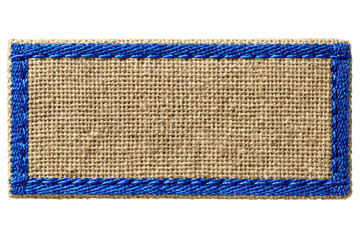Blank beige woven fabric label with a blue stitched border, horizontal textile tag for branding mockups isolated on transparent background
