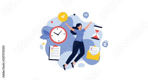 Successful woman celebrating efficient time management and completed tasks in a productive work environment with various symbols.