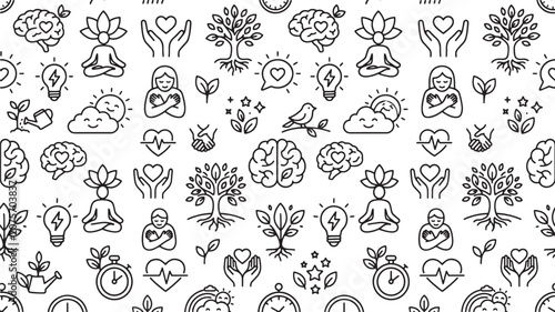 Seamless Mental Health Pattern with Abstract Mindfulness Meditation Icons and Wellness Self Care Line Art