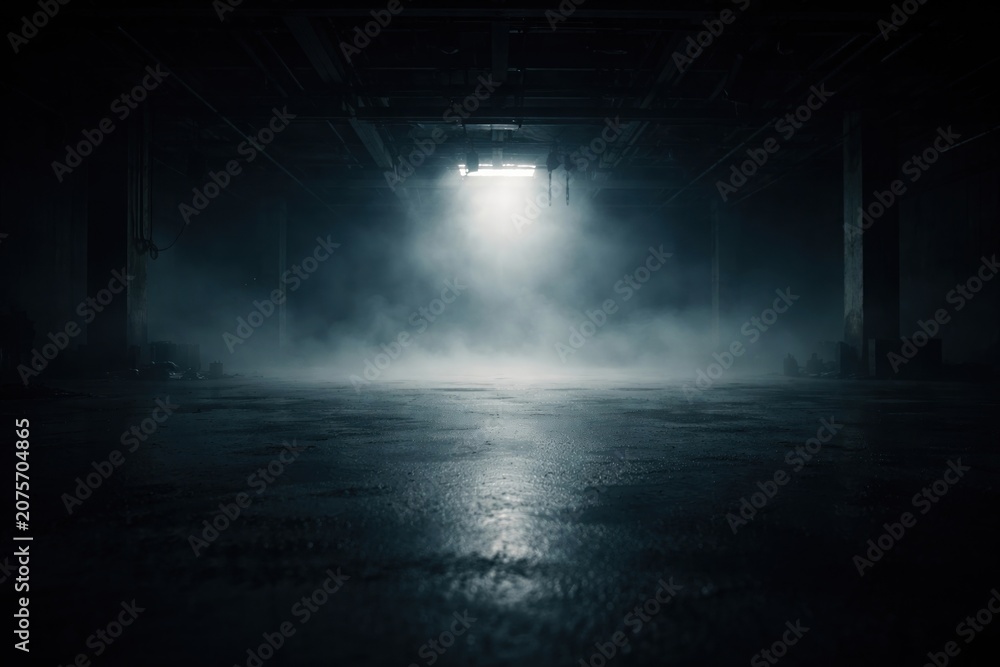 Obraz premium Mysterious foggy industrial interior atmosphere.