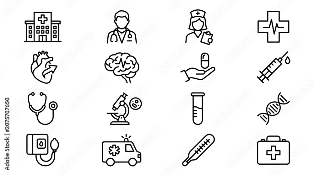 Fototapeta premium A collection of various medical and healthcare related line art icons on a white background