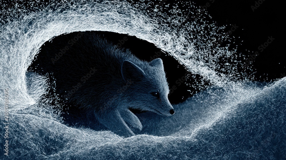 Fototapeta premium An arctic fox makes a dive into a snowbank to catch its prey, creating a trail of snow particles in a dark scene.