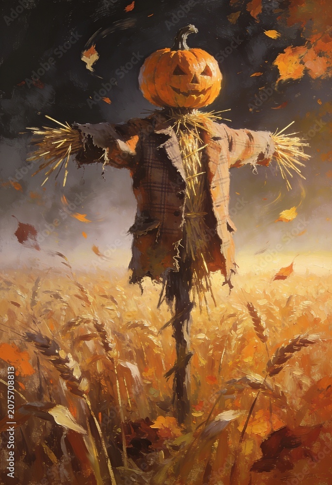 Fototapeta premium Scarecrow with pumpkin head wearing rustic jacket on wooden pole in autumn field for halloween farm harvest decor