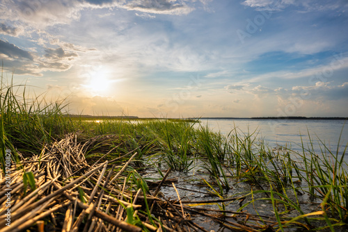 Sunset over a river with grass and reeds along the shore in the late afternoon