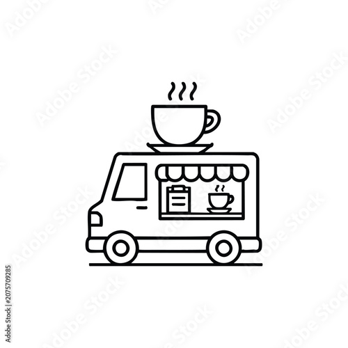 Coffee truck coffee van black and white vector icon for mobile coffee shop