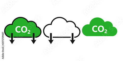 Tableau sur toile Carbon dioxide emission icons set, co2 cloud symbols with downward arrows repres