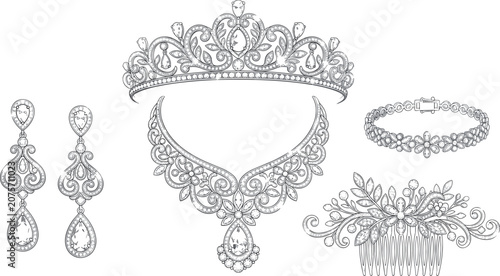 Cuadro en lienzo Elegant bridal jewelry sketch set featuring diamond tiara necklace dangle earrin