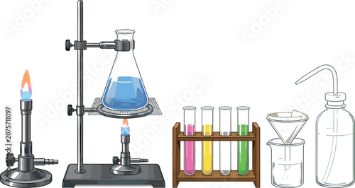 Картината върху платно Laboratory chemical heating and filtration experiment set featuring bunsen burne